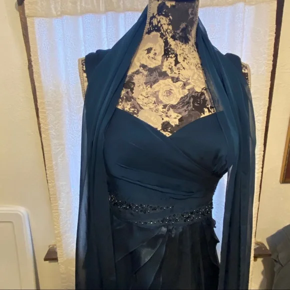 Adrianna Papell Beads Tiered Chiffon Evening Gown Sz 8 Prussian Blue Prom Dress - Picture 12 of 16